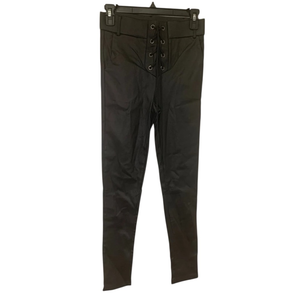 Chocolate usa faux leather black pants size S lace up front, high rise